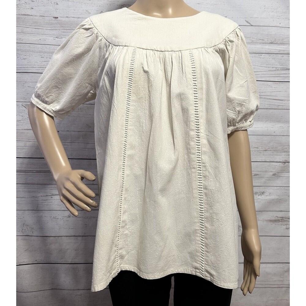 Polagram Blouse Medium Beige Cream 100% Cotton Puff Sleeve Elevated Indie Shirt